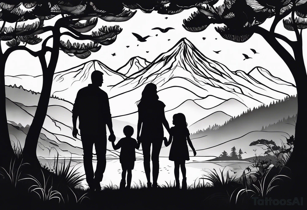 Family silhouette of a father, a mother with long straight blonde hair, oldest son, middle daughter, and small daughter foraging mushrooms with mountains and creek in background tattoo idea