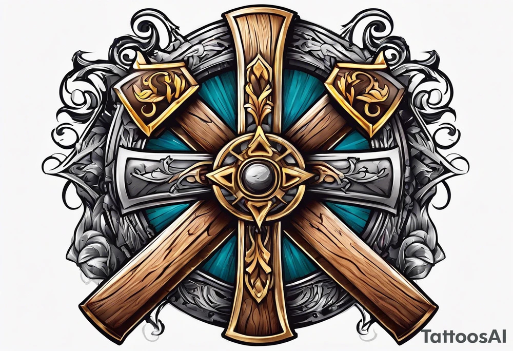 wooden cross with a cross cut saw and double bitted axe crossed over it tattoo idea