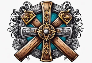 wooden cross with a cross cut saw and double bitted axe crossed over it tattoo idea