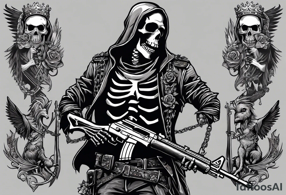 image of a skeleton standing frontally with a crown on his head, holding an AK-47 on his shoulder with his right hand. The chain on the left should be taut, there are three angry barking Dobermans in it, near the waist tattoo idea