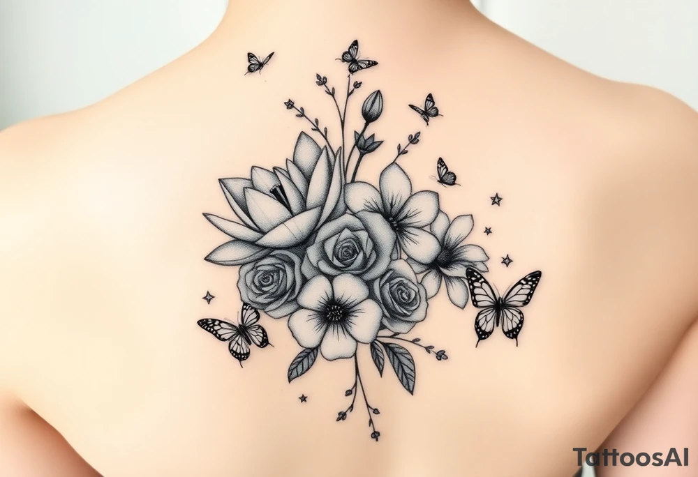 In a vertical line water lily, rose, violet and narcissus. Surrounded by small delicate butterflies tattoo idea