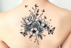 In a vertical line water lily, rose, violet and narcissus. Surrounded by small delicate butterflies tattoo idea