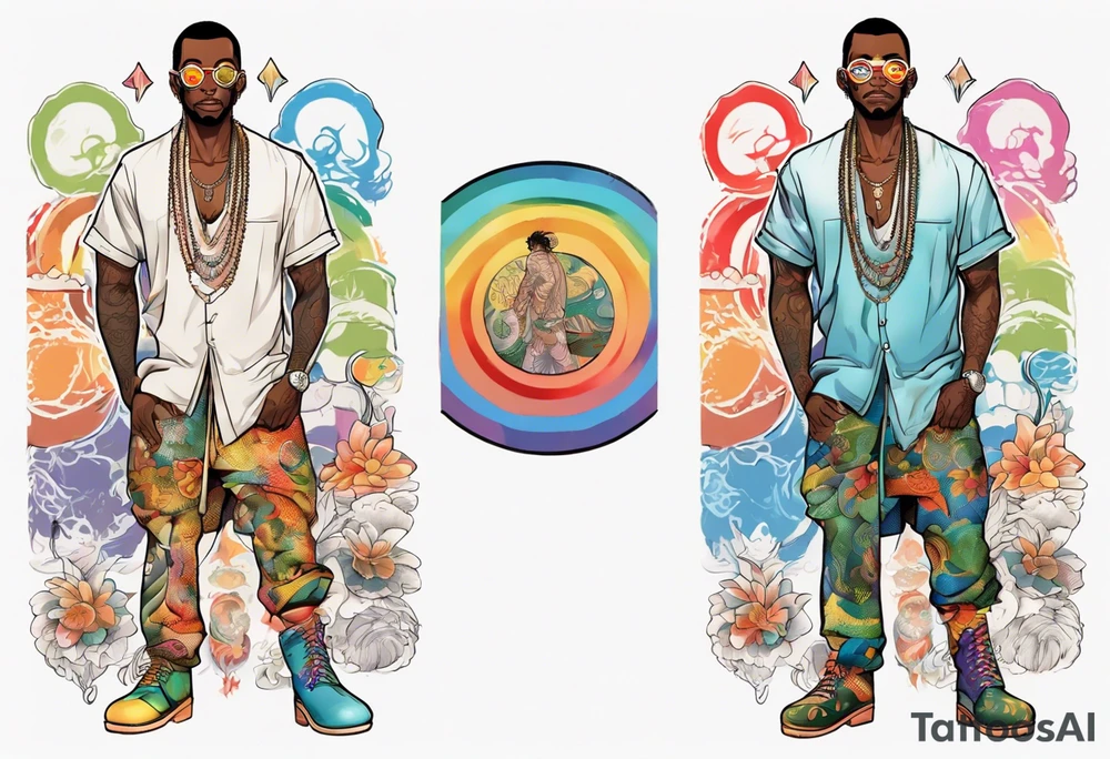 a handsome black man wearing round glasses and a rainbow tunic and scaled boots tattoo idea