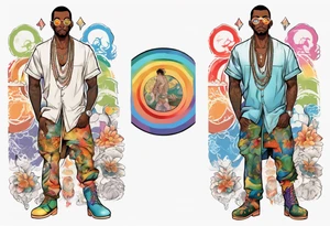 a handsome black man wearing round glasses and a rainbow tunic and scaled boots tattoo idea