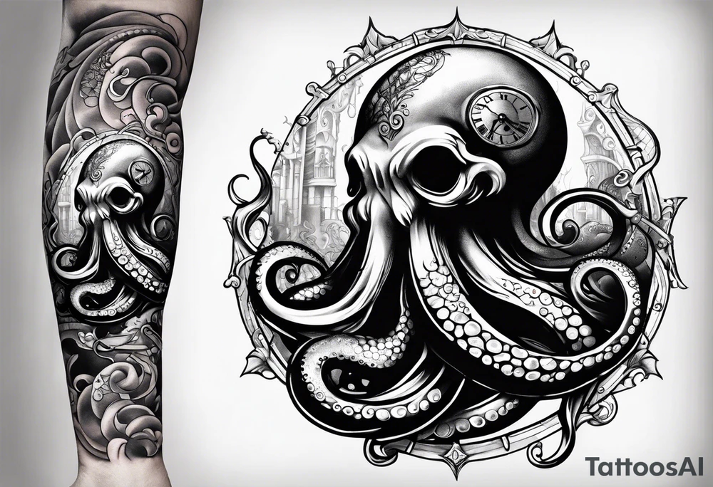 to be drawn in the arm, pocket watch wrapped under an aggressive octopus in side view tattoo idea