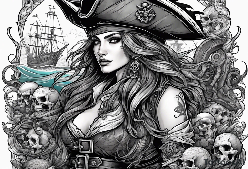 sexy female pirates with a group of skull pirates and a sea monster tattoo idea