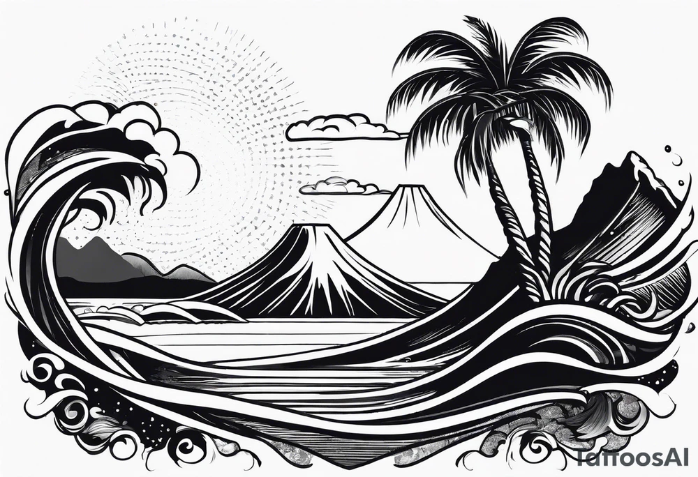 fineline tattoo of a palm tree and a wave with a volcano in the background tattoo idea