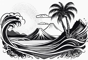 fineline tattoo of a palm tree and a wave with a volcano in the background tattoo idea
