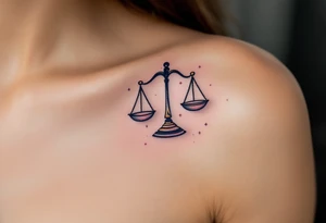 A stylized set of scales rests over a navy Libra star constellation with tiny stars in pastel pink. tattoo idea