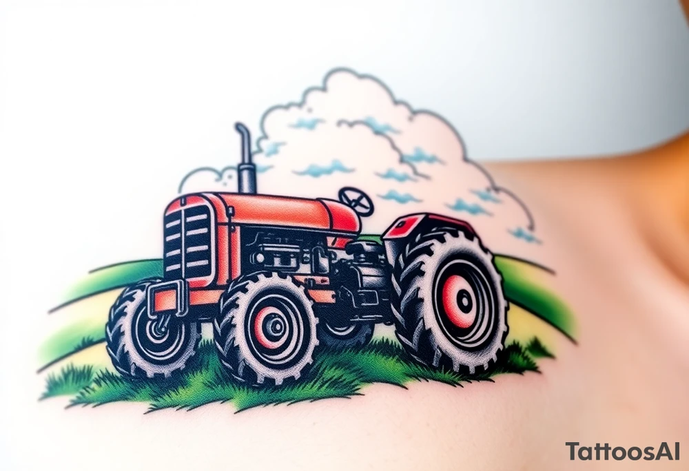 A tractor surrounded by rolling green hills, under a bright blue sky with white fluffy clouds tattoo idea