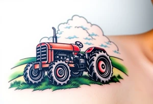 A tractor surrounded by rolling green hills, under a bright blue sky with white fluffy clouds tattoo idea