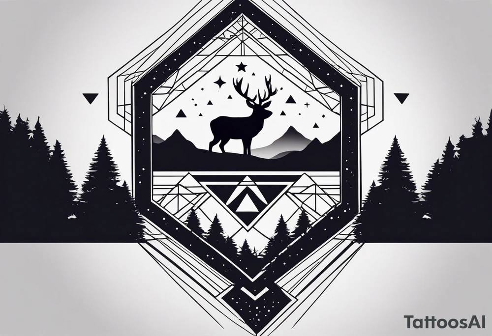 crea un tatuaje para el brazo izquierdo donde se vean animales en estilo geometrico y una cruz de los vientos en el antebrazo interno. el fondo debe ser un bosque con montañas esfumado. Usar escala de grises tattoo idea
