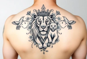 powerful majestic lion and cub with a crown, surrounded by floral ornaments and birds tattoo idea