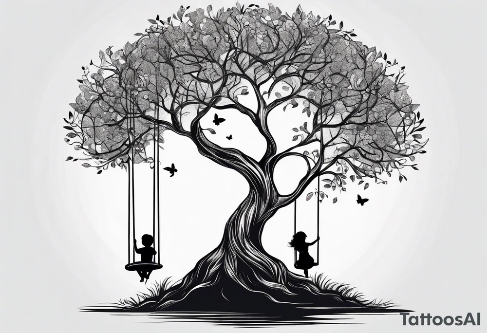 tree of life with swing little girl and man tattoo idea