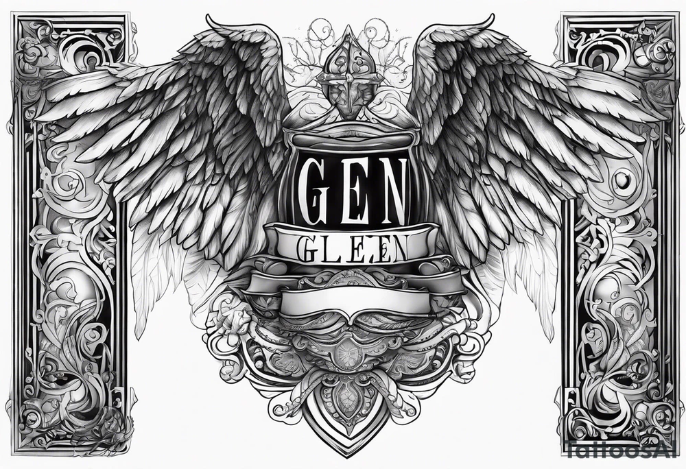 The word Glenn on a banner with angel Wings tattoo idea