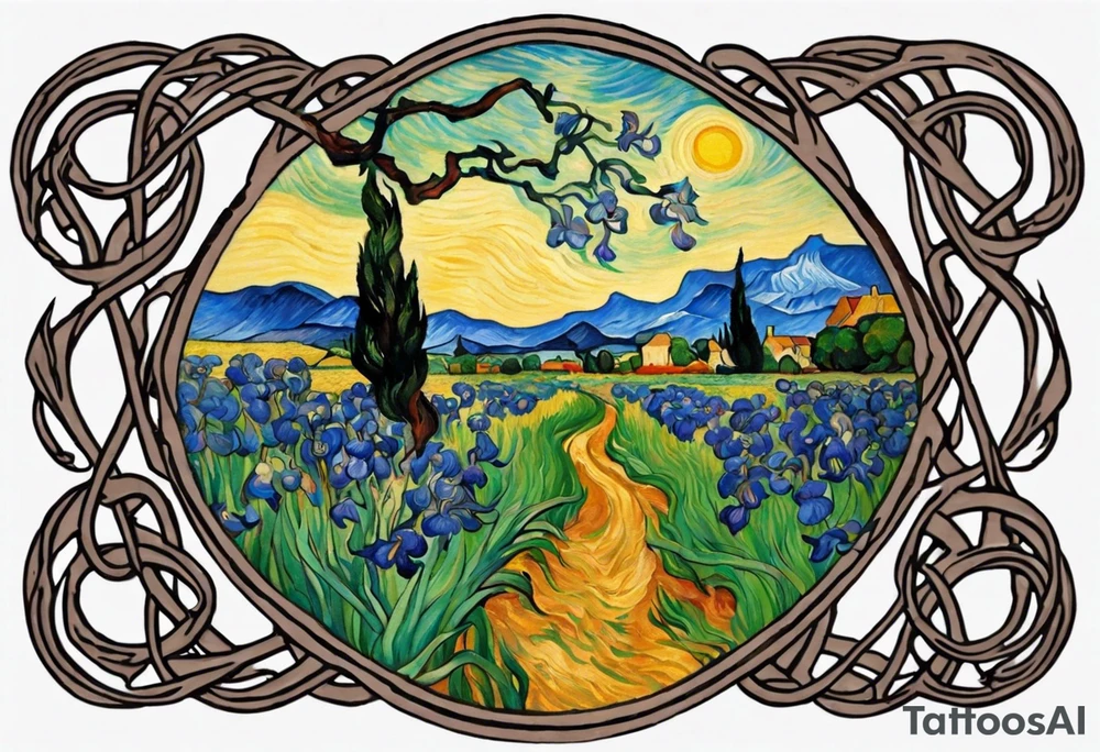 Create a colorful Vincent van Gogh's Irises tattoo, with vines in Celtic knots gracefully holding mountains. The intended placement is on the upper chest. The overall design should be small in size while maintaining a delicate and artistic aesthetic. Pay attention to the graceful flow of the vines and the placement of the irises to achieve a refined and elegant look. tattoo idea
