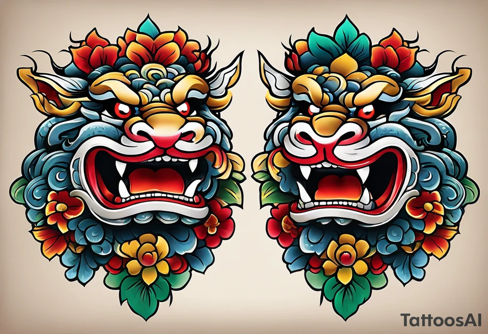 Pair of full bodied traditional Okinawa shisa, one has mouth closed, the other one, has mouth open. tattoo idea