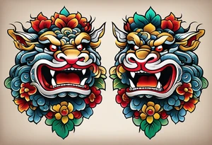 Pair of full bodied traditional Okinawa shisa, one has mouth closed, the other one, has mouth open. tattoo idea