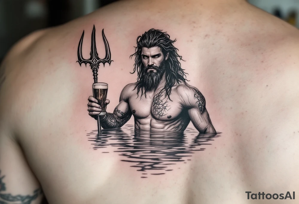 young, fit poseidon in calm water, holding a trident, holding a beer tattoo idea