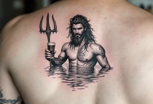 young, fit poseidon in calm water, holding a trident, holding a beer tattoo idea