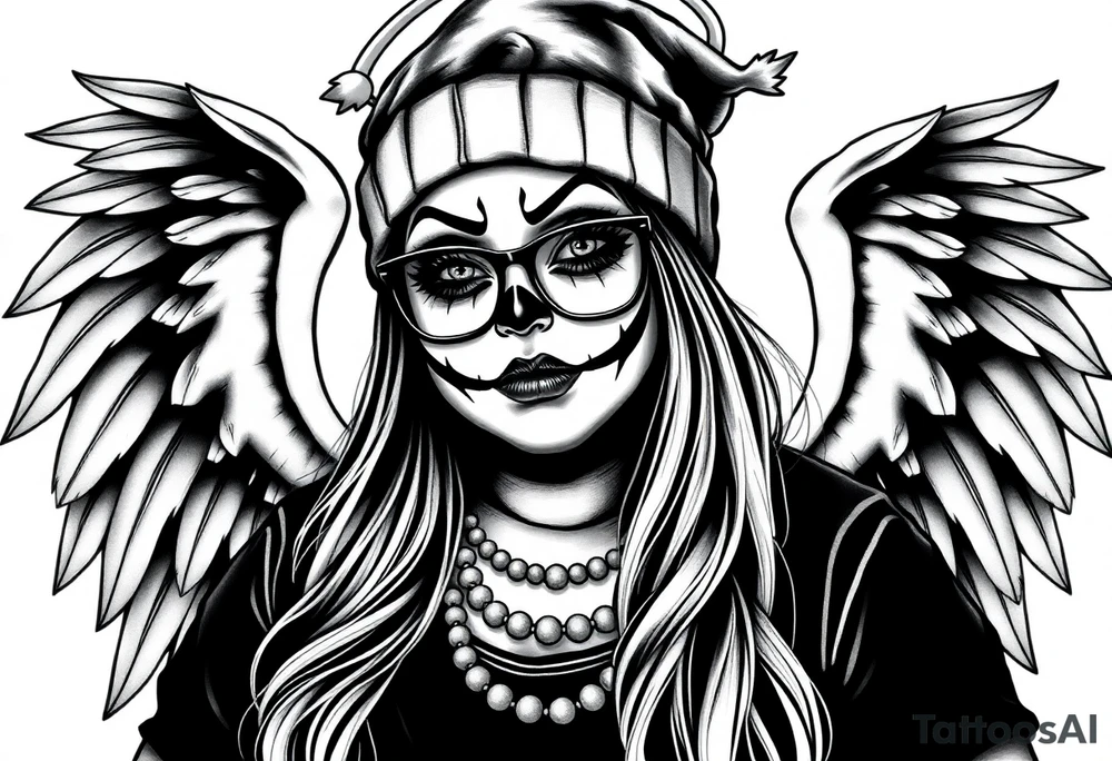 Chicana BBL fat sexy chunky plus size beautiful long hair clown makeup angel wings thug beanie eyeglasses tattoo idea