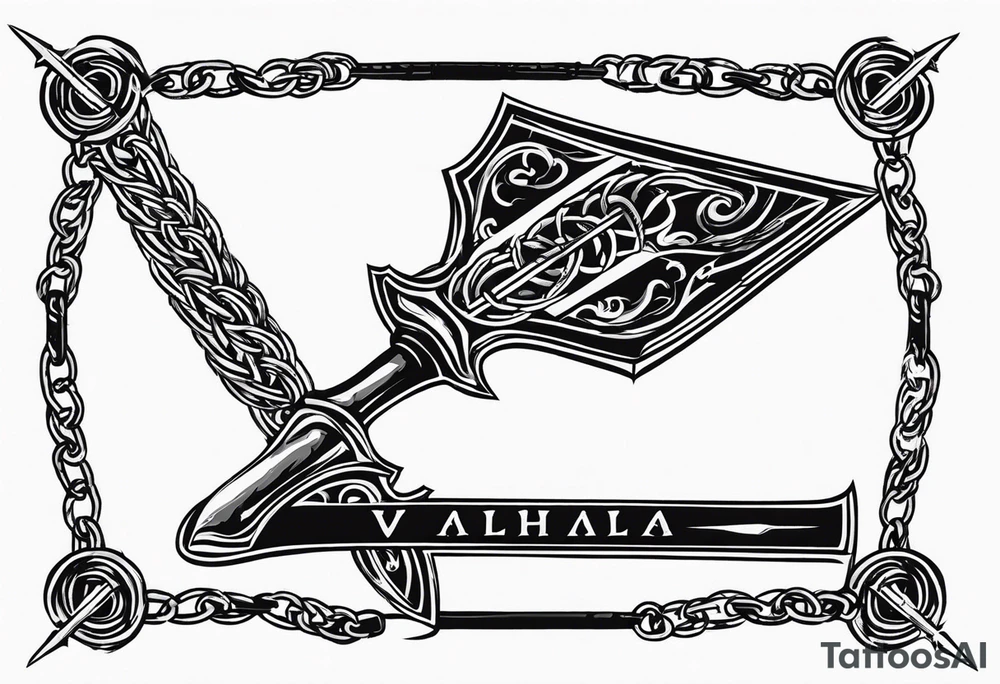 Valhalla sword shield axe barbed wire chains dark cloud tattoo idea