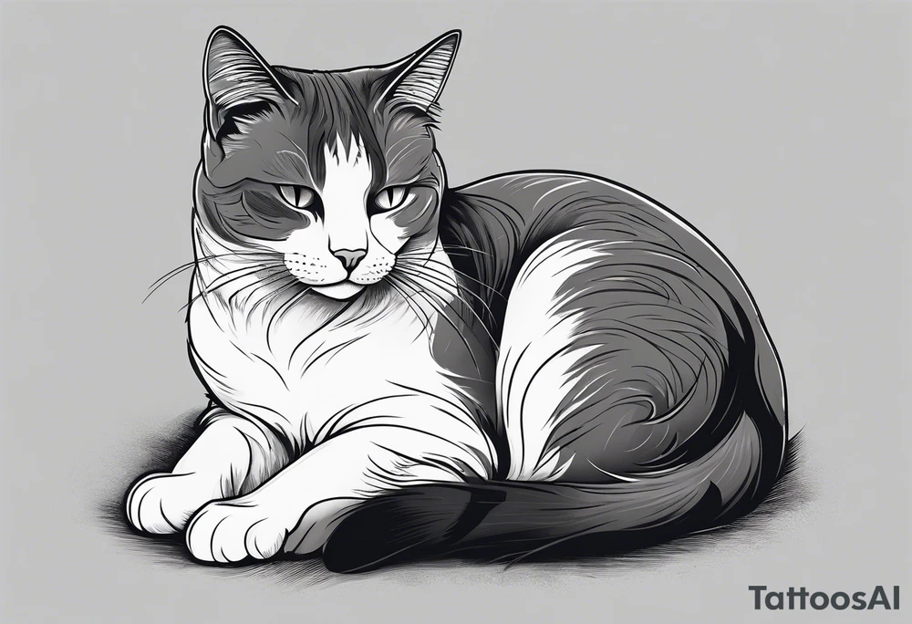 Simple line drawing of a grey cat white some small white patches on her belly and white paws. I want her curled up sleeping. tattoo idea