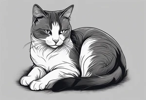 Simple line drawing of a grey cat white some small white patches on her belly and white paws. I want her curled up sleeping. tattoo idea