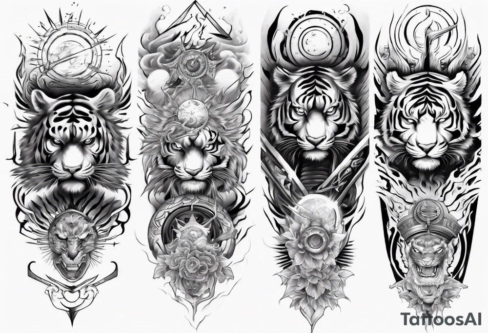 Tiger Warrior sleeve tattoo with lightning and the sun
Forearm sleeve tattoo idea