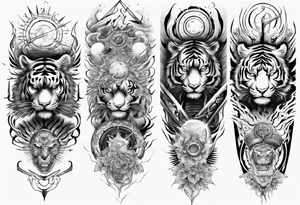 Tiger Warrior sleeve tattoo with lightning and the sun
Forearm sleeve tattoo idea