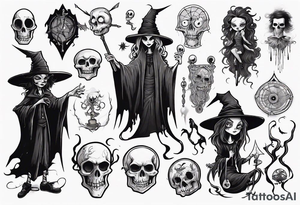 a Tim Burton-style witch necromancer tattoo idea