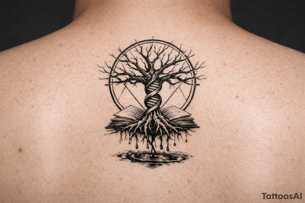 tree of life with a dna spiral for the trunk, bare branches spreading out at different lengths in a geometric circle, and roots sprouting through open books, with water dripping from the roots into a puddle tattoo idea