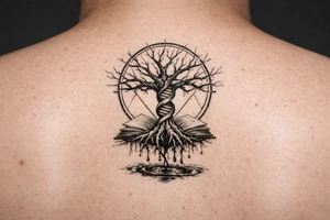 tree of life with a dna spiral for the trunk, bare branches spreading out at different lengths in a geometric circle, and roots sprouting through open books, with water dripping from the roots into a puddle tattoo idea