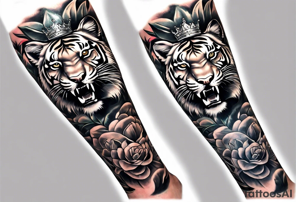 Full right arm sleeve a tiger at the top with a crown and third eye underneath a large hour glass with a brain and heart inside of it tattoo idea