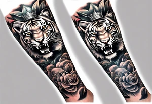 Full right arm sleeve a tiger at the top with a crown and third eye underneath a large hour glass with a brain and heart inside of it tattoo idea