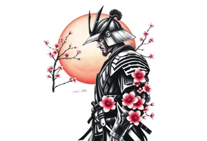 noble samurai warrior silhouette at sunset with cherry blossoms tattoo idea