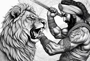 sikh warrior fighting with lion in background tattoo idea