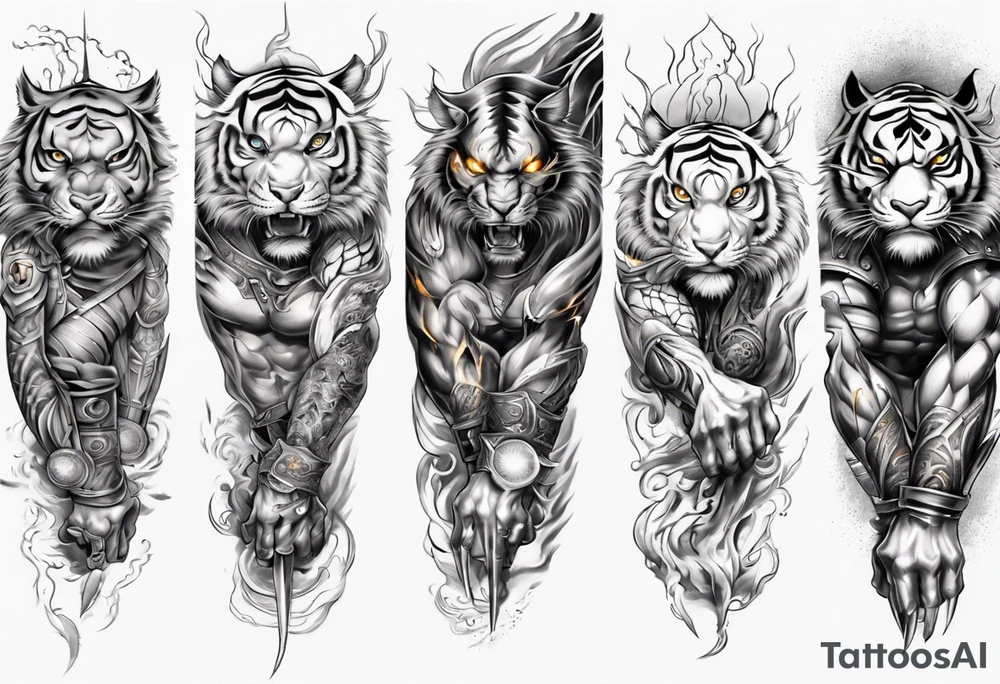 Tiger Warrior sleeve tattoo with lightning and the sun
Forearm sleeve tattoo idea