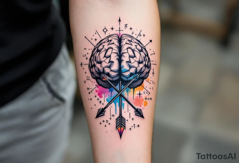 A front-seen brain in geometric and straight lines, math symbols arround. A detailed arrow crossing from below with watercolors leaking from its tip. Around of the main tattoo, math and physics formulas fill the space. tattoo idea
