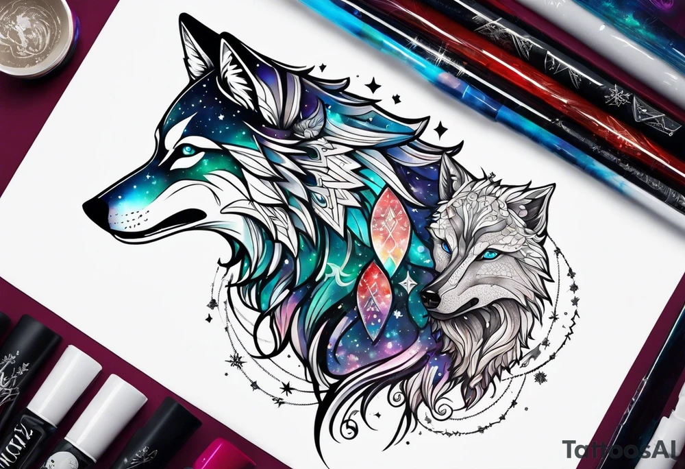 Constellation, two animal alien wolf, snowflake tattoo idea
