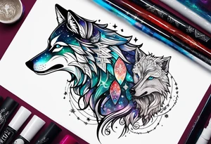 Constellation, two animal alien wolf, snowflake tattoo idea