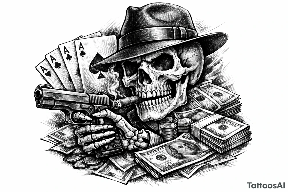 skull with gangster-hat,cigar in his mouth,gun in a skeleton-hand,playing cards,a lot of money. tattoo idea