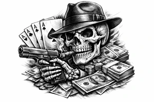skull with gangster-hat,cigar in his mouth,gun in a skeleton-hand,playing cards,a lot of money. tattoo idea