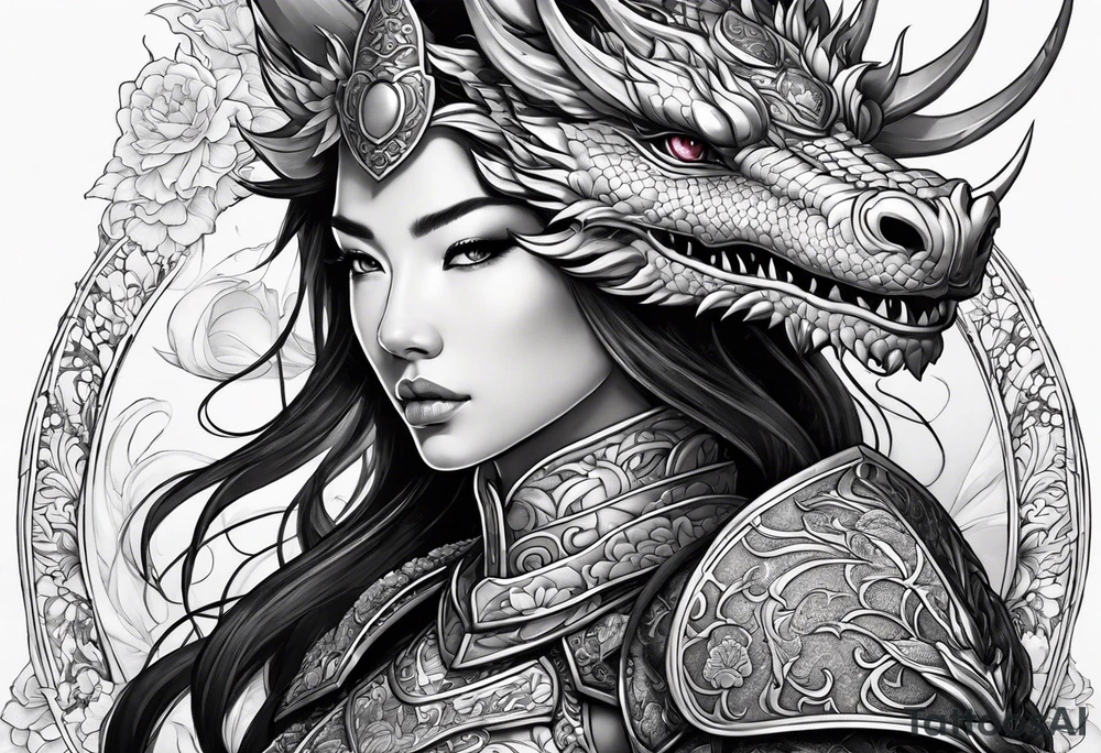 beautiful warrior woman wearing dragon armor and a floral background and a dragon a full picture tattoo idea