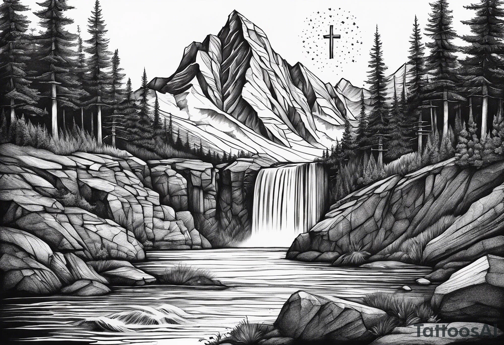 mountains, nature, stars, cross, waterfall, water tattoo idea mountains, nature, stars, cross, waterfall, water tattoo idea