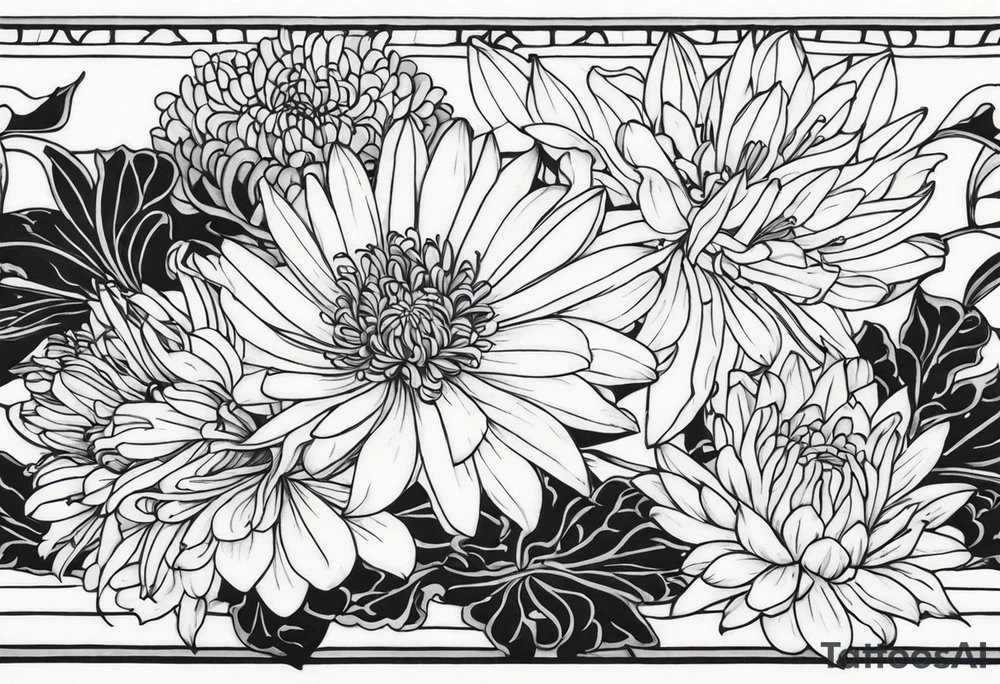 Asters, lillies, and chrysanthemums in a long line tattoo idea