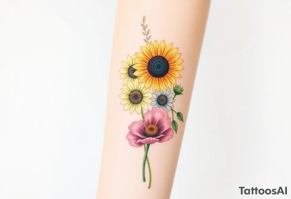 Small watercolour style bunch of wild flowers including lilli orientalis, sunflowers, poppies and peonies to be placed on forearm tattoo idea