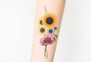 Small watercolour style bunch of wild flowers including lilli orientalis, sunflowers, poppies and peonies to be placed on forearm tattoo idea