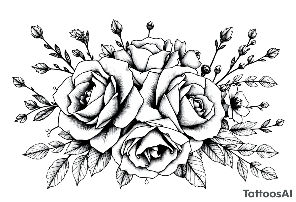 vintage bouquet of wild roses and meadow flowers with morning dew tattoo idea