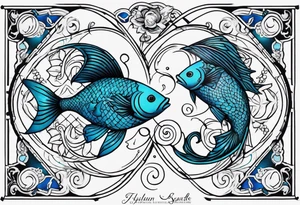 A 1/2 sleeve with 2 pisces fish one black one blue incorporate sigils and cosmos in background tattoo idea